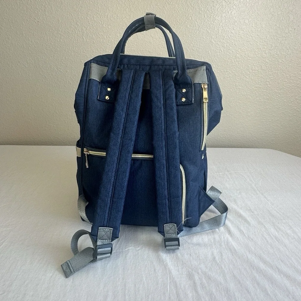 LAND Backpack Diaper Bag Unisex Blue‎ Multi Compartments Zip Travel Canvas Tote